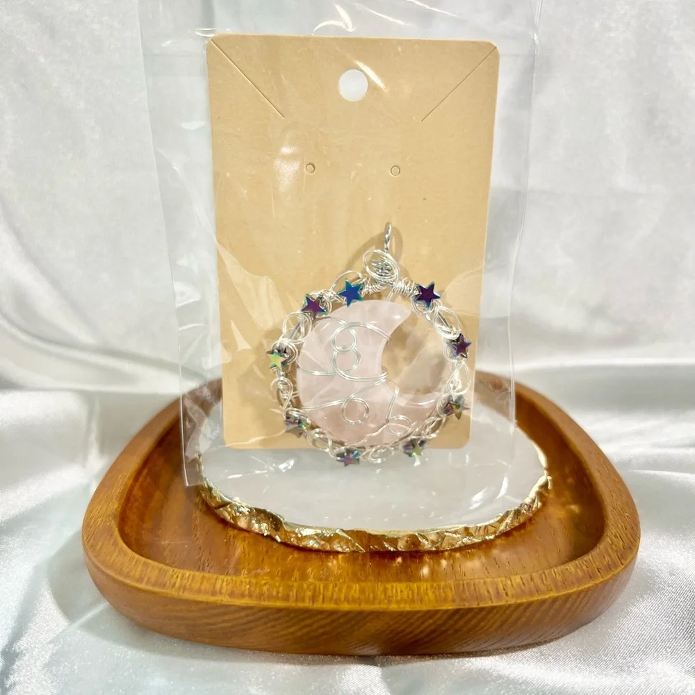 Fashion Rose Quartz Moon & Stars Pendant B - Picture 5 of 5